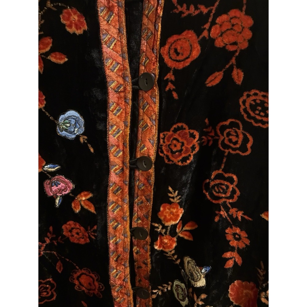 Women's Black Crushed Velvet Velour Embroidered Beaded Floral Boho Shacket Large - Picture 8 of 13